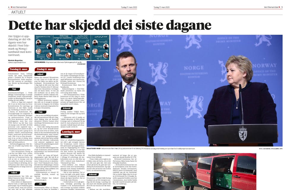 Vest-Telemark blad sin korona-kronologi i papiravisa.